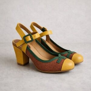 Chocolate Portugal Colorblock Retro  Slingback Heels 37/Yellow Green Leather